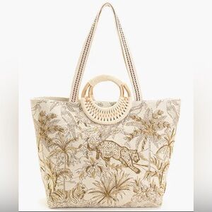 NEW Embroidered beaded large Bag gold leopard Jungle Print Woven‎ Handle Express